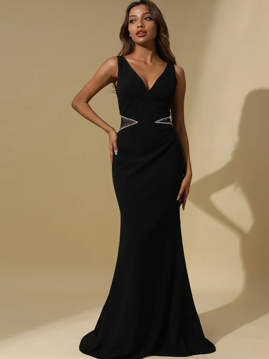 2025 Mermaid Black Sleeveless V Neck Evening Gowns