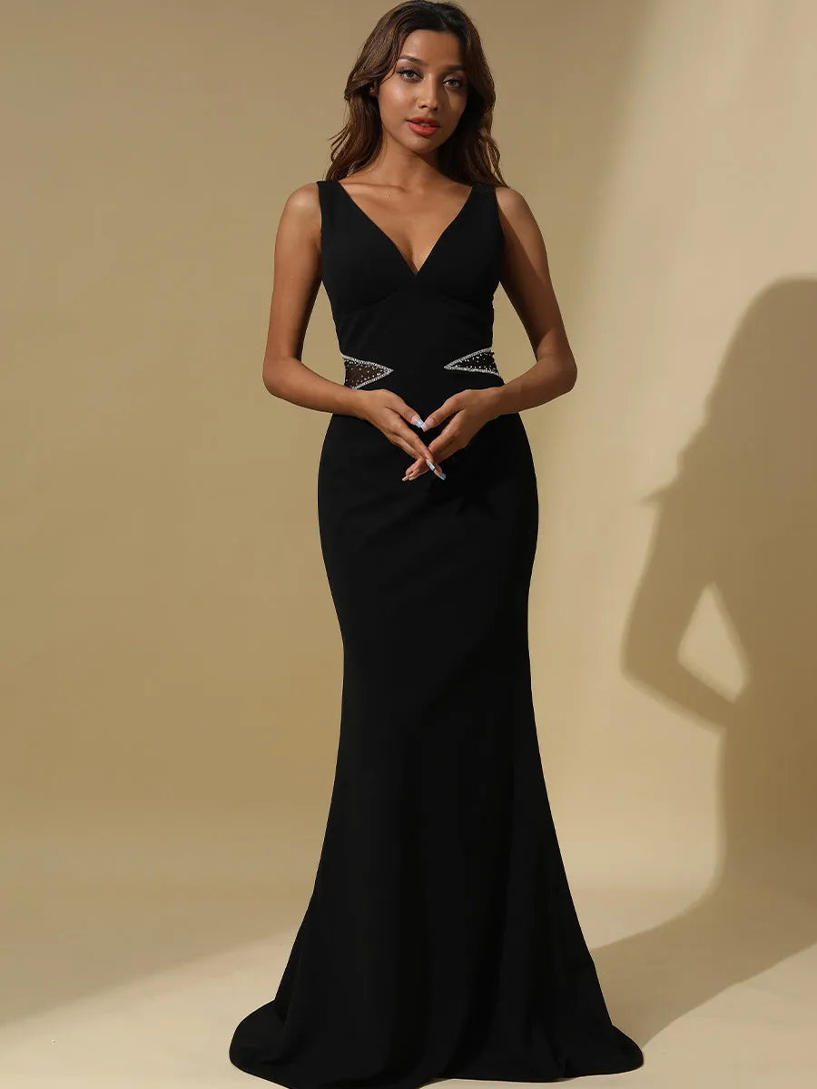 2025 Mermaid Black Sleeveless V Neck Evening Gowns