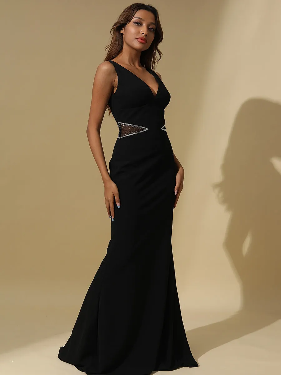 2025 Mermaid Black Sleeveless V Neck Evening Gowns