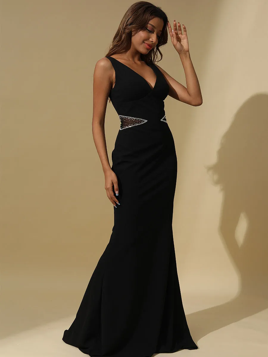 2025 Mermaid Black Sleeveless V Neck Evening Gowns