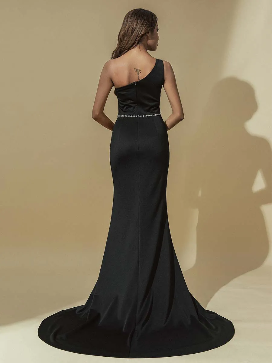 2025 One Shoulder Black Bridesmaid Dress Boho High-slit