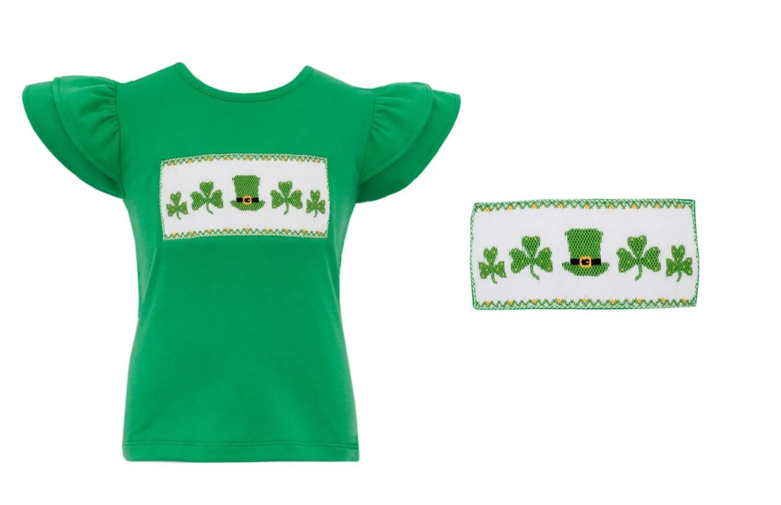 Anavini Velani Girls Green Flutter Sleeve Top - Smocked St. Patrick's Day Shamrocks