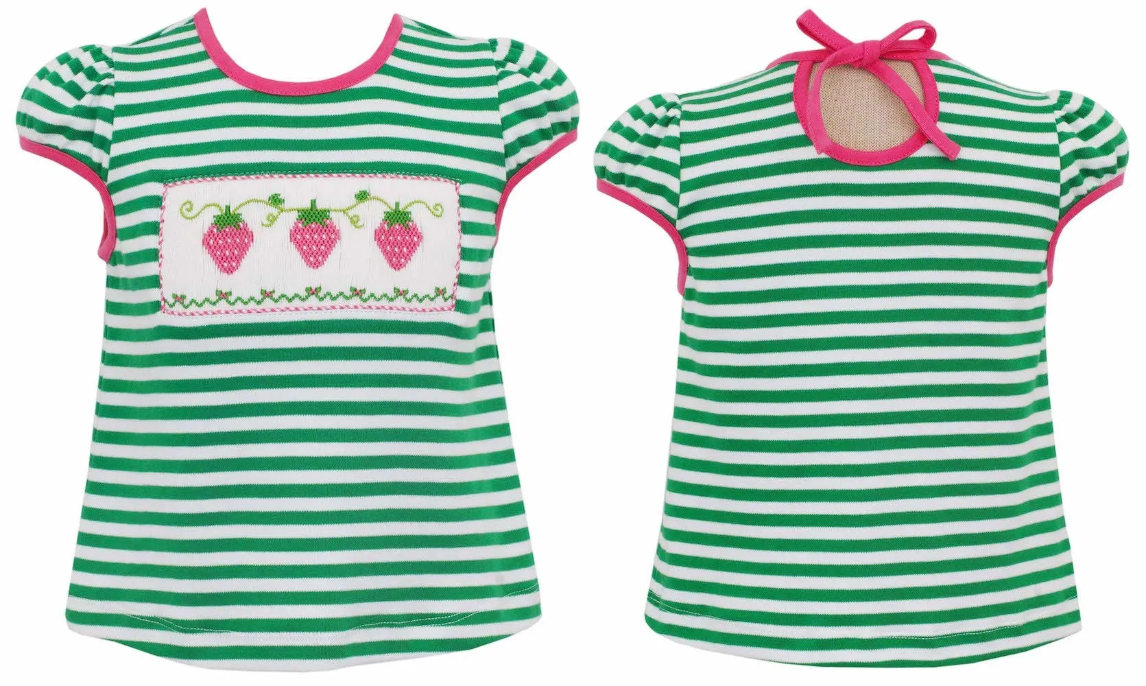 Anavini Velani Girls Green Stripe Knit Top - Smocked Pink Strawberry