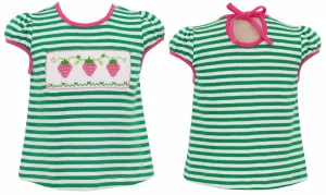 Anavini Velani Girls Green Stripe Knit Top - Smocked Pink Strawberry