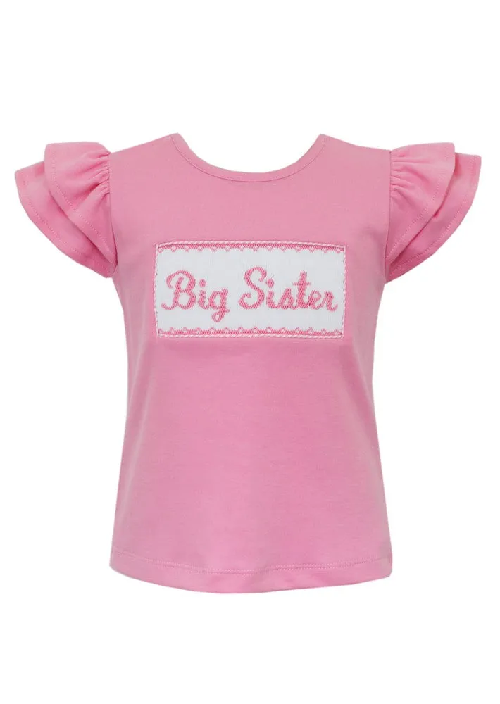Anavini Velani Toddler Girls Pink Flutter Sleeve Top - Smocked Big Sister