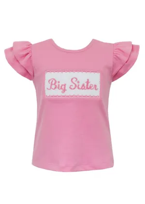 Anavini Velani Toddler Girls Pink Flutter Sleeve Top - Smocked Big Sister