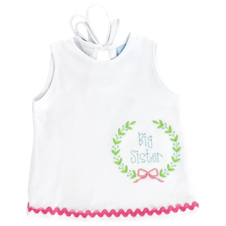 Bailey Boys Girls White Big Sister Top - Wreath Embroidery and Pink Rick Rack Trim