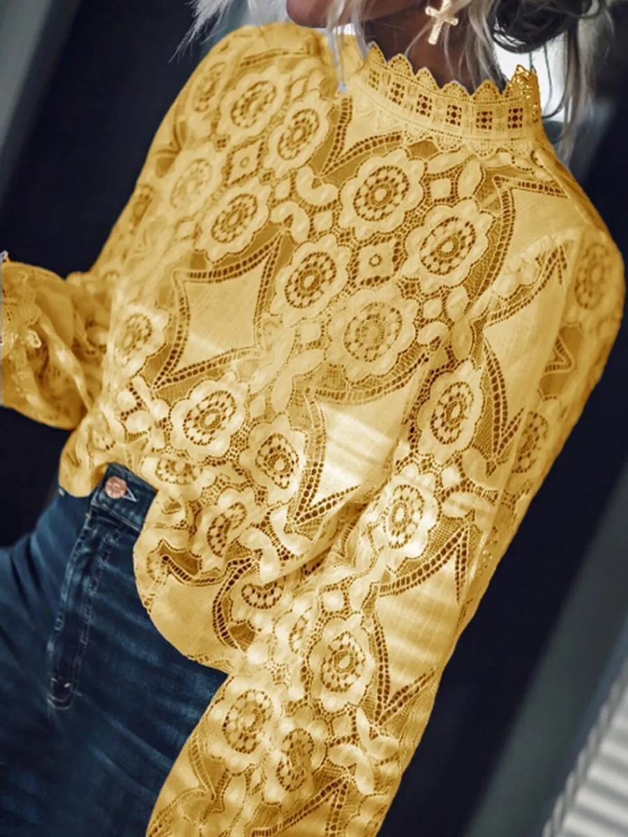 Band Collar Decorative Lace Lace Plain Blouses  | ZDT