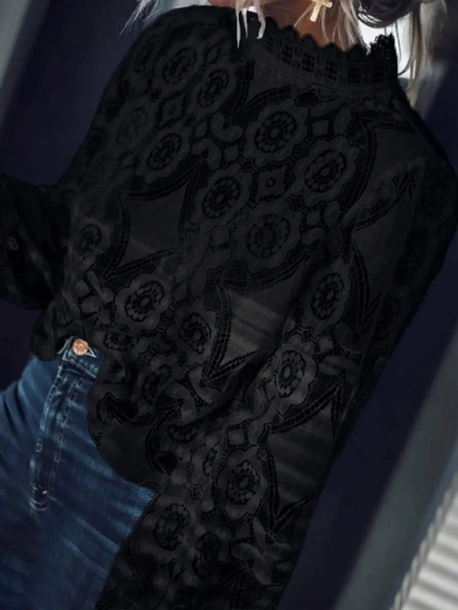 Band Collar Decorative Lace Lace Plain Blouses  | ZDT