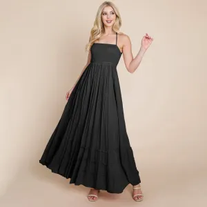 Black Smocked Flowy Boho Pleated Backless Maxi Dress