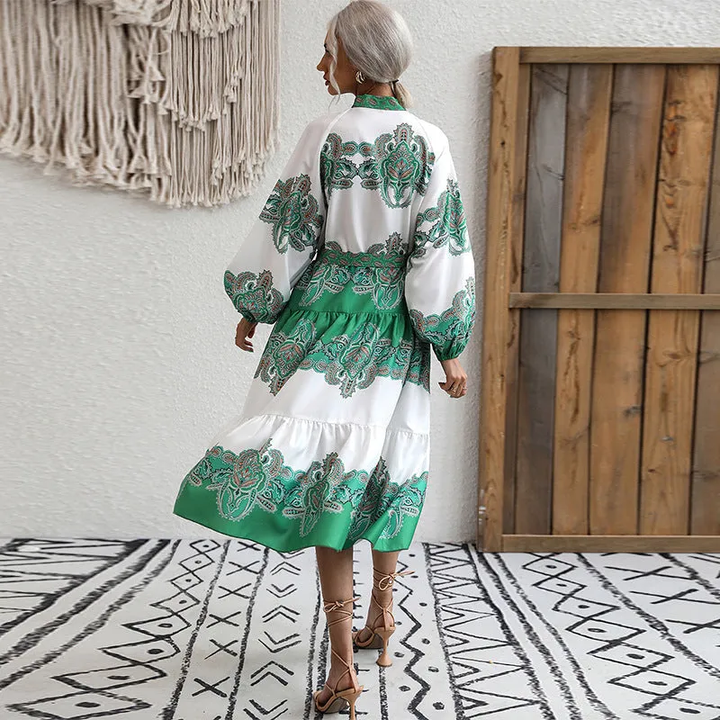 Casual Lace-Up Midi Dress Puff Long Sleeve High Waist Wholesale Dresses