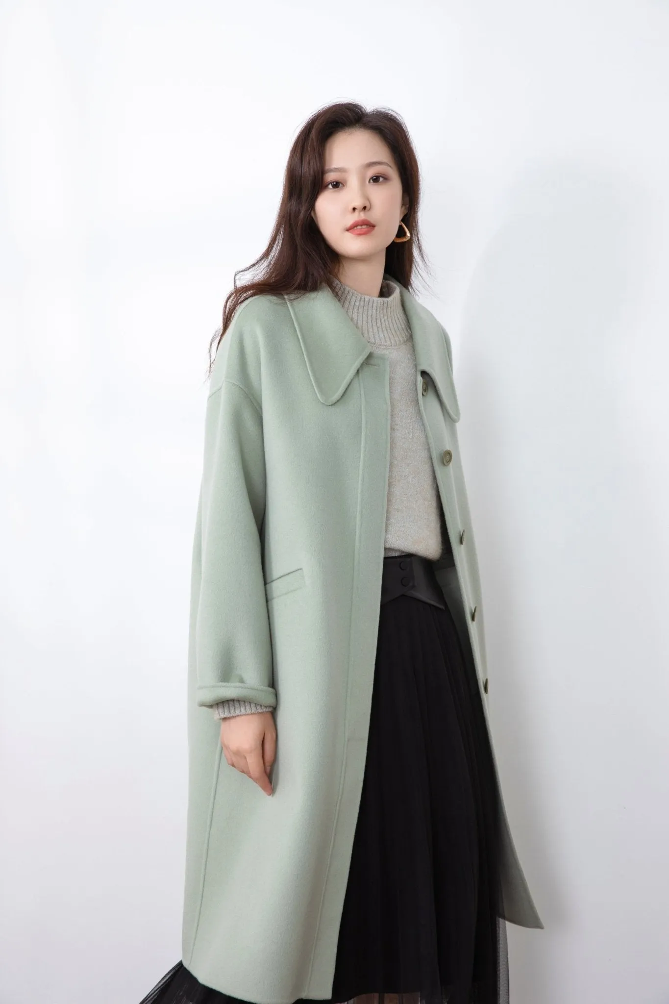 Citron Green Double Woolen Long Overcoats