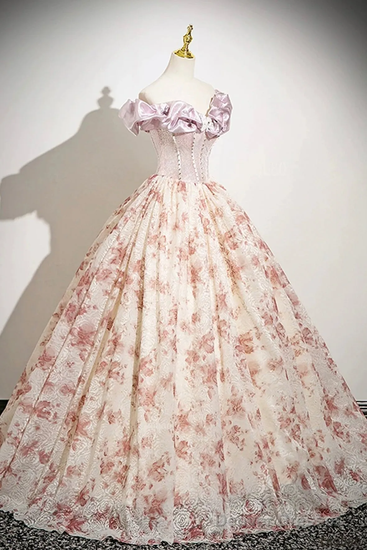 Cute Floral Floor Length Prom Dress With Corset, A-Line Off The Shoulder Evening Party Dress