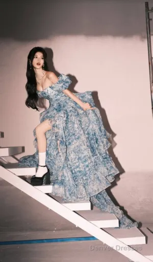 Elegant High Low Blue Floral Prom Dresses Long Formal Dress