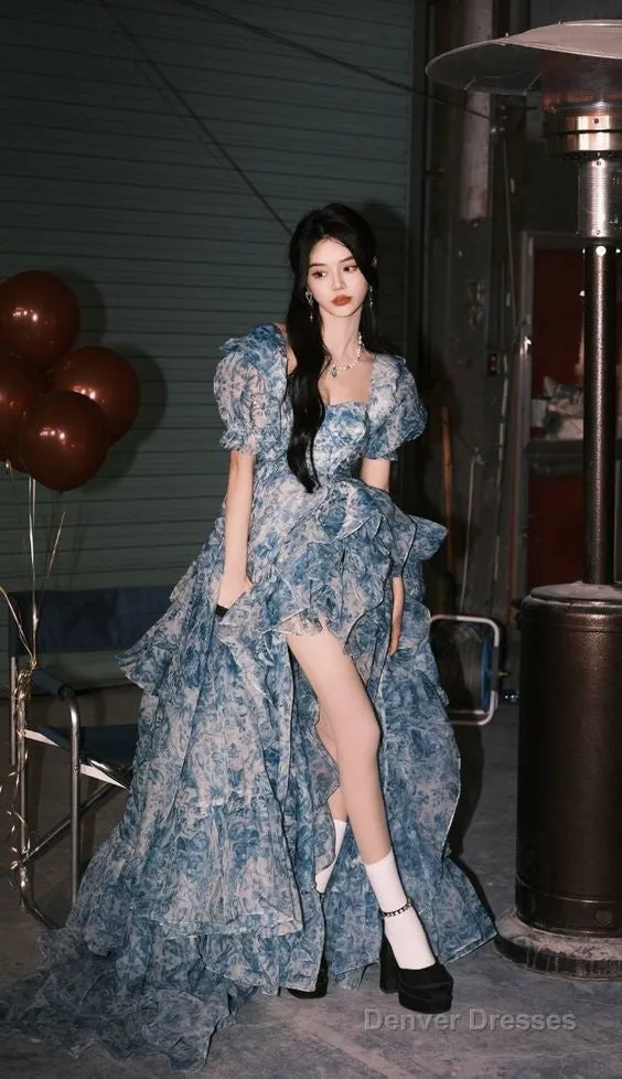 Elegant High Low Blue Floral Prom Dresses Long Formal Dress