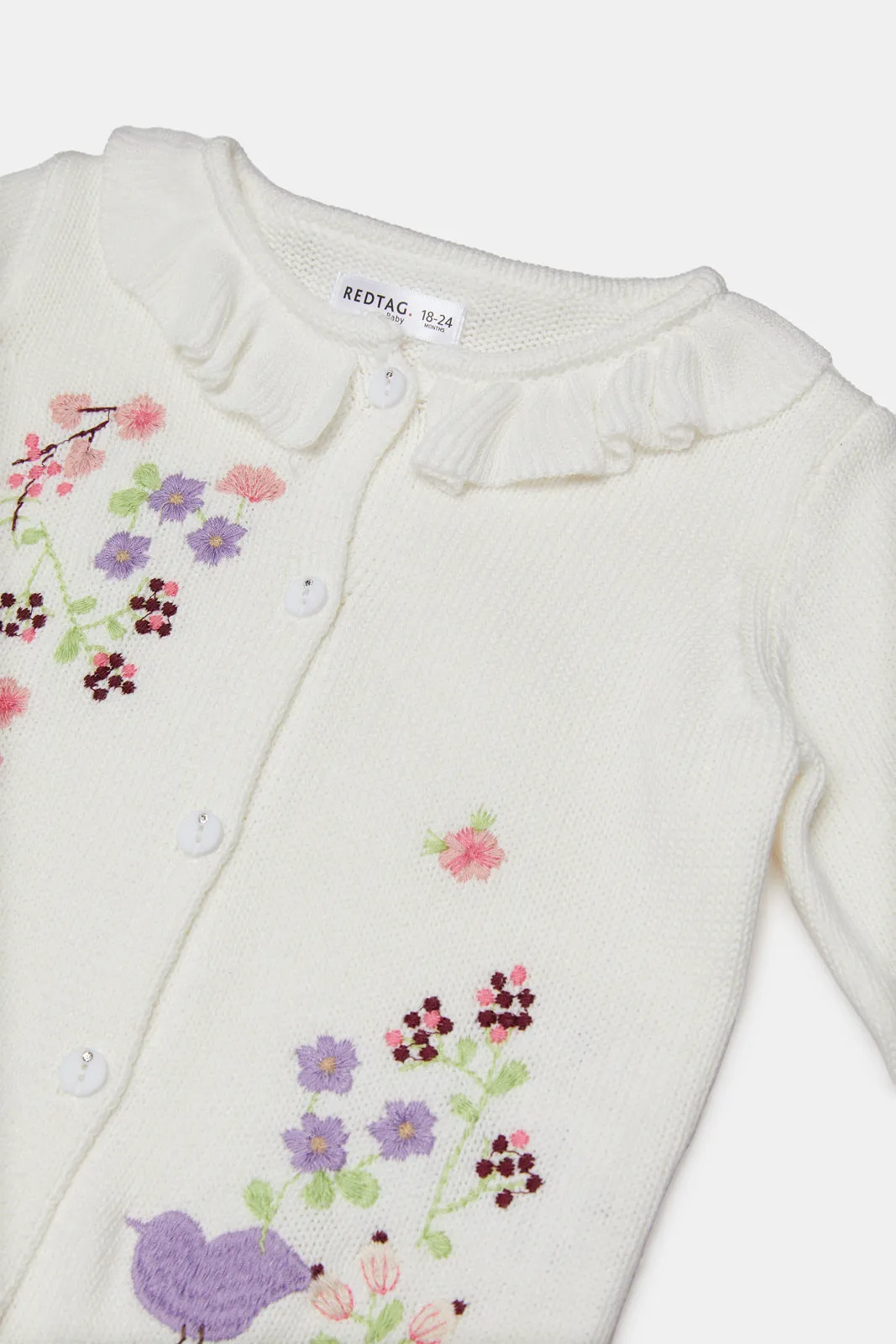 Infant Girls Ivory Embroidered Cardigan With Frills At Neck
