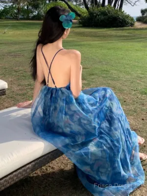Sexy A Line Spaghetti Straps Blue Floral Backless Holiday Beach Dress WomenS Long Vacation Dresses