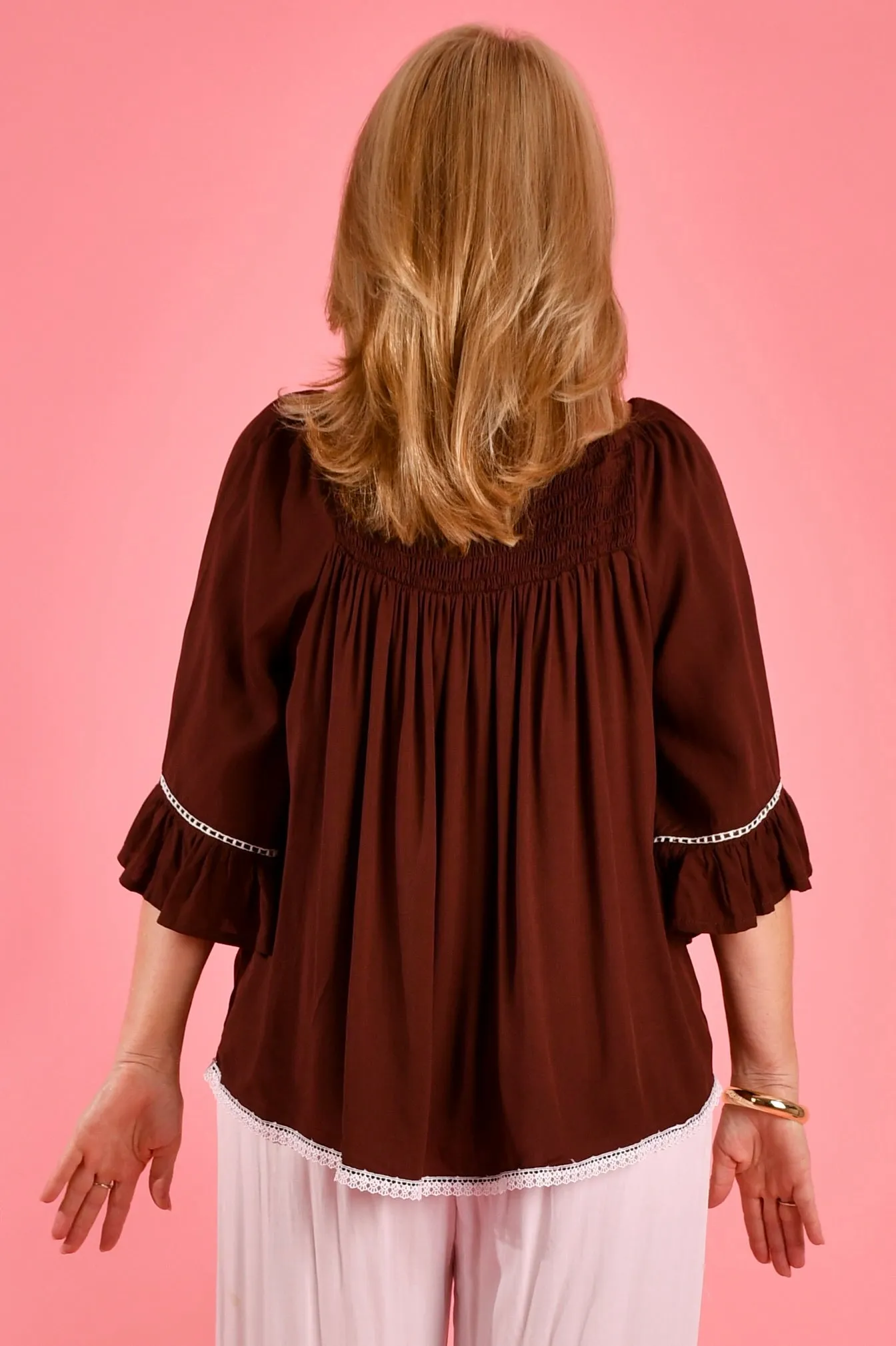 VBLT113 - ROUCHED BELL SLEEVE TOP - CHOCOLATE