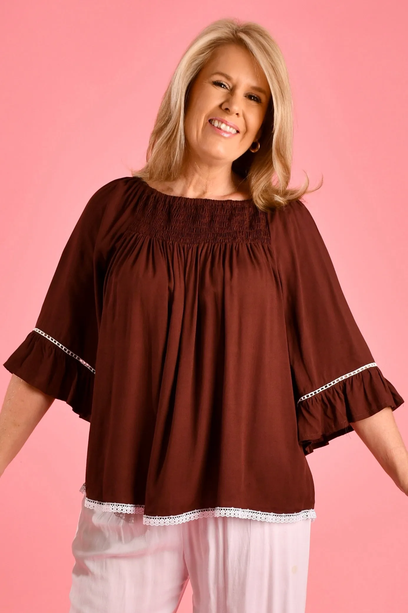 VBLT113 - ROUCHED BELL SLEEVE TOP - CHOCOLATE