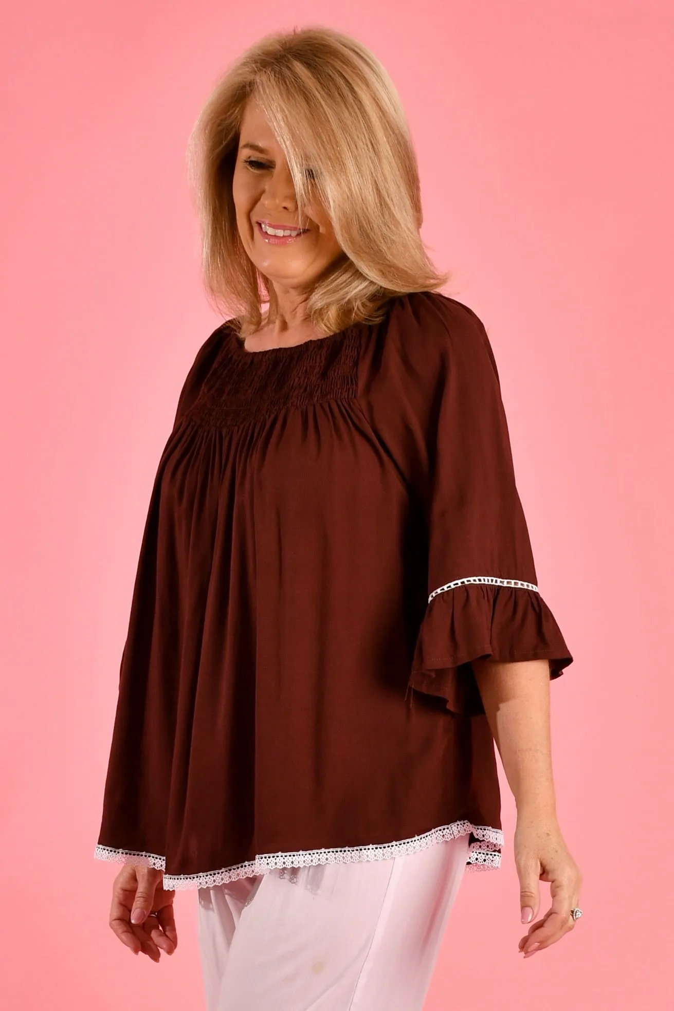 VBLT113 - ROUCHED BELL SLEEVE TOP - CHOCOLATE