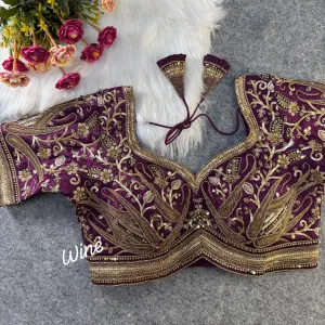 Wine Bridal Silk Blouse with Golden Codding Embroidery