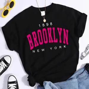 Women Casual T Shirt 1898 Brooklyn New York Print Short Sleeve T-Shirts Pink Print
