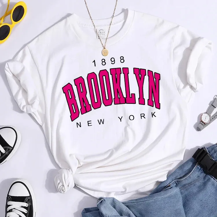 Women Casual T Shirt 1898 Brooklyn New York Print Short Sleeve T-Shirts Pink Print